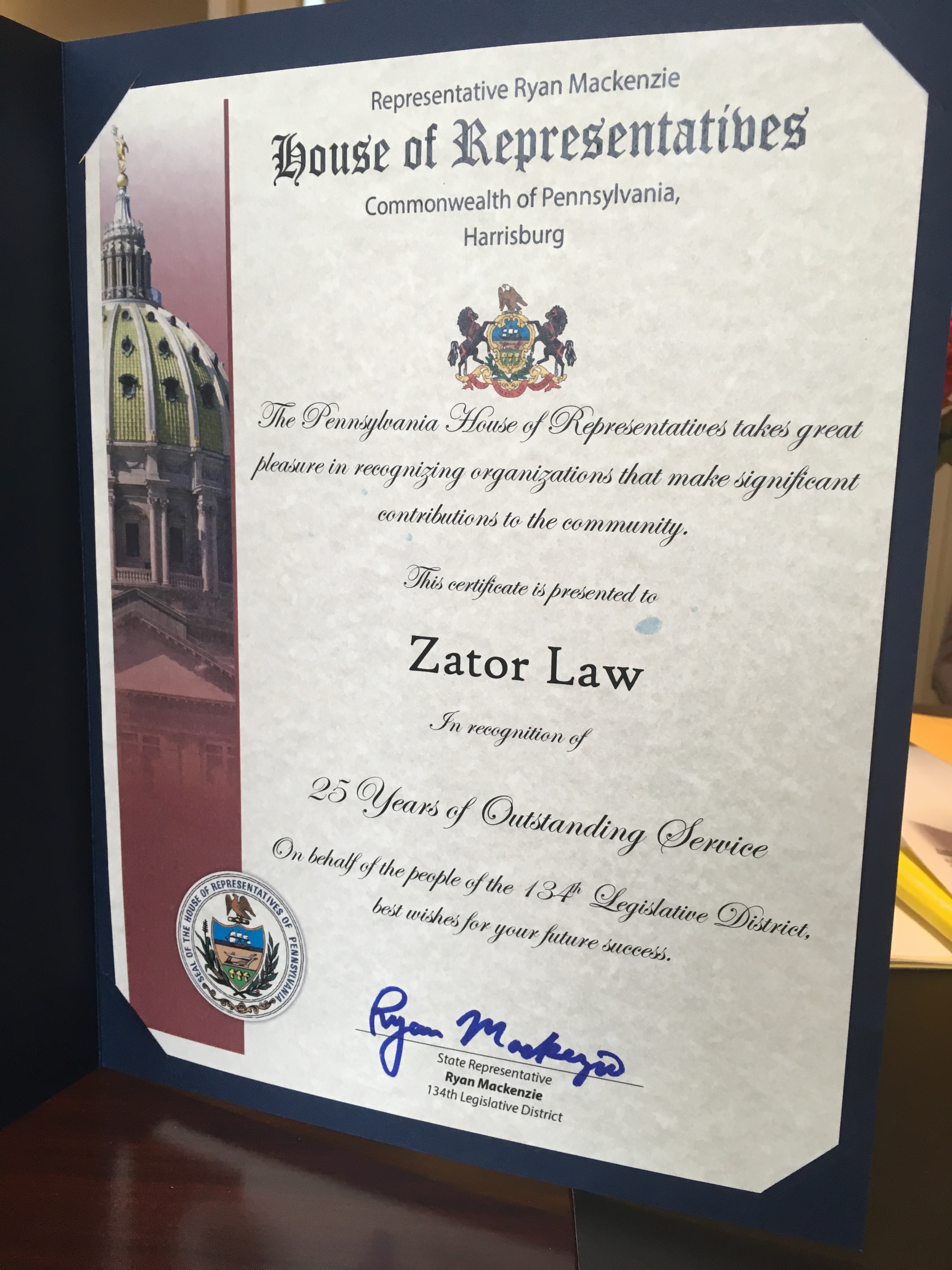 PA House Recognizes Zator Law for 25 years of Service